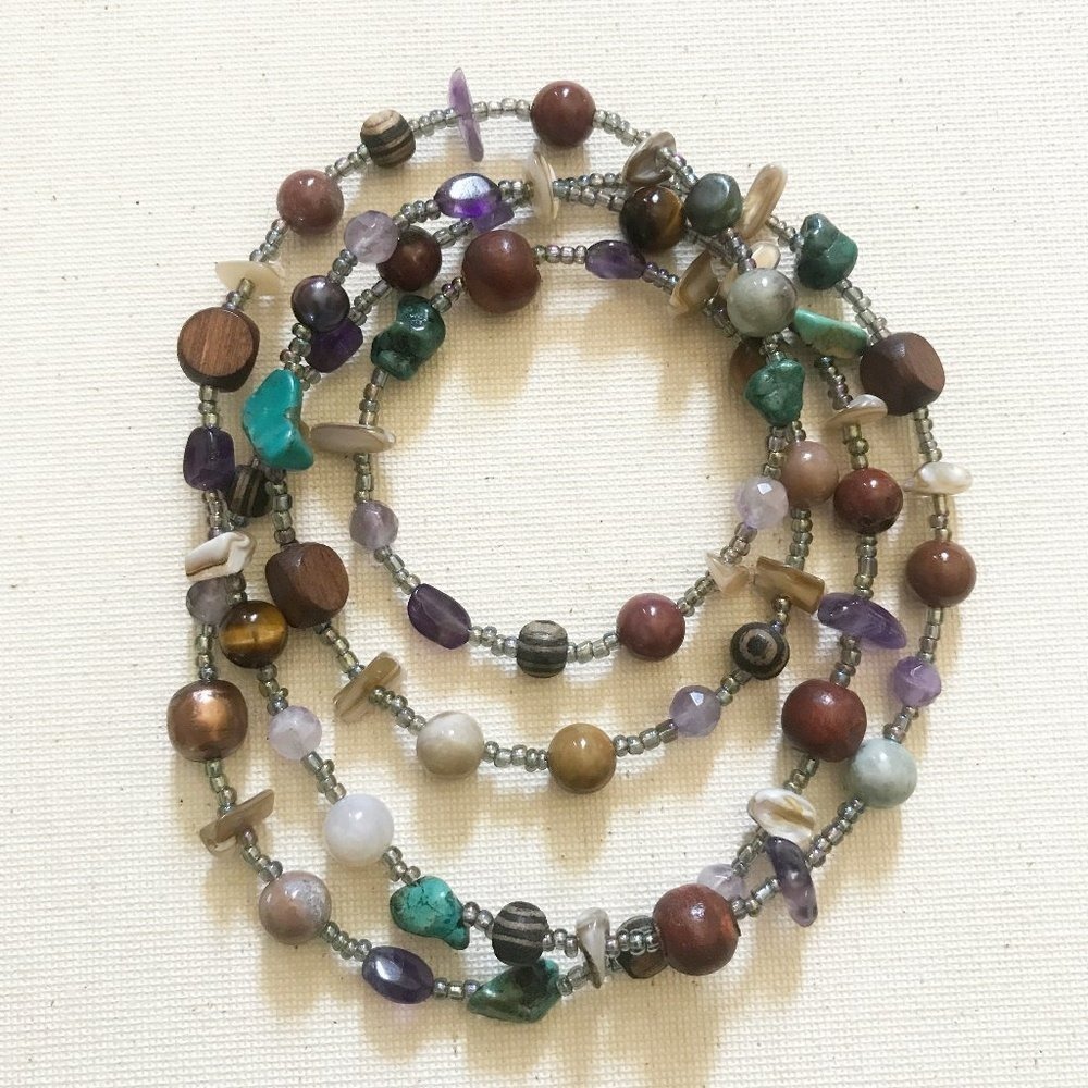 Ocean & Earth Vibration Necklace Pearl, Wood, Tigers Eye, Amethyst, Turquoise